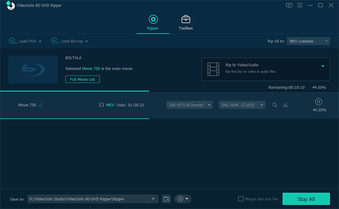 Процесс риппинга диска в VideoSolo BD-DVD Ripper с индикатором прогресса