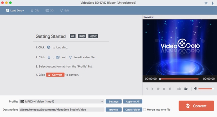 Интерфейс VideoSolo BD-DVD Ripper на Mac с Load Disc, Clip, 3D, Edit и Preview