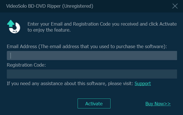 Окно регистрации VideoSolo BD-DVD Ripper с полями Email Address и Registration Code