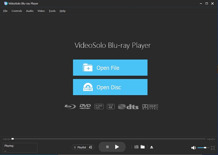 Главное окно VideoSolo Blu-ray Player с кнопками Open File и Open Disc