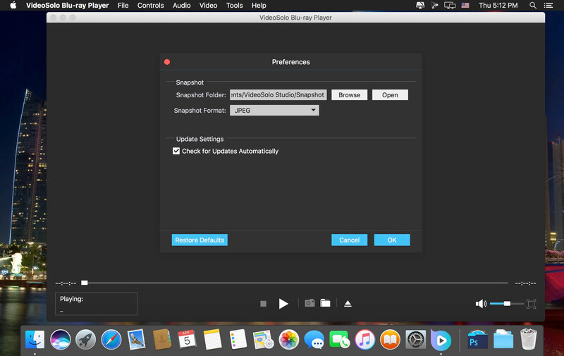 Preferences VideoSolo Blu-ray Player с настройками снимков