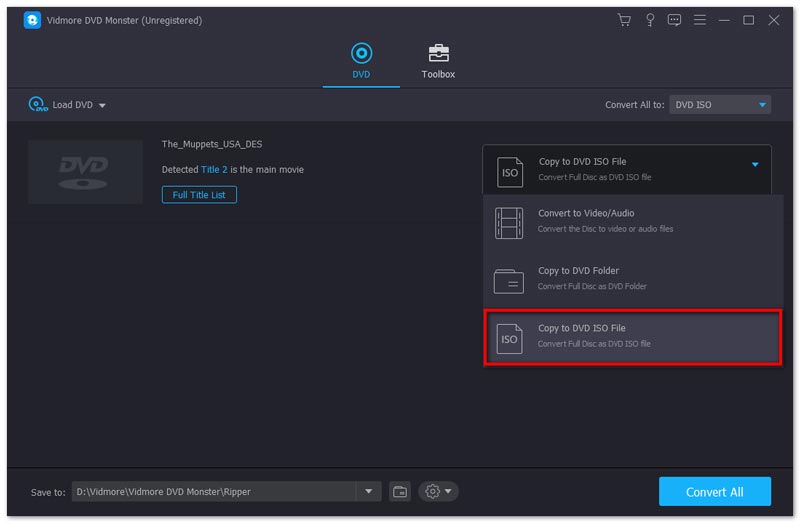 Выбор режима Copy to DVD ISO File