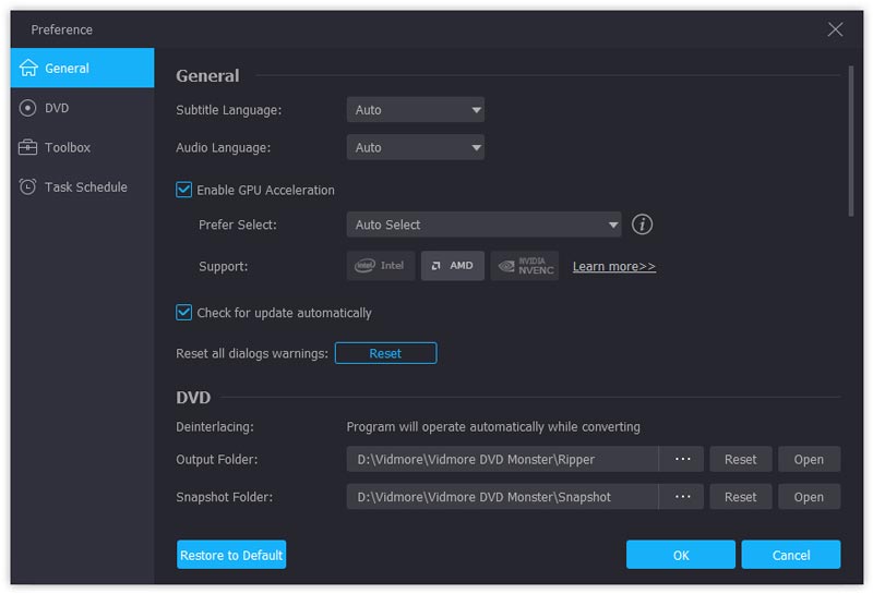 Preferences General с GPU Acceleration и выбором аппаратной платформы
