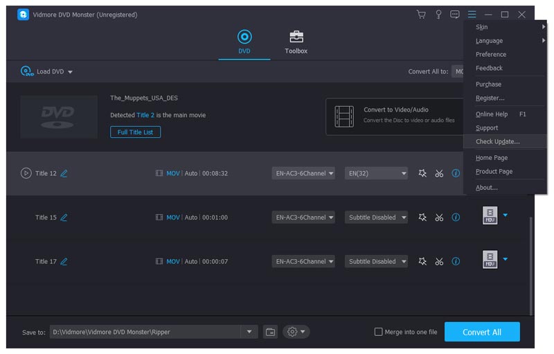 Меню Vidmore DVD Monster с командой Check Update
