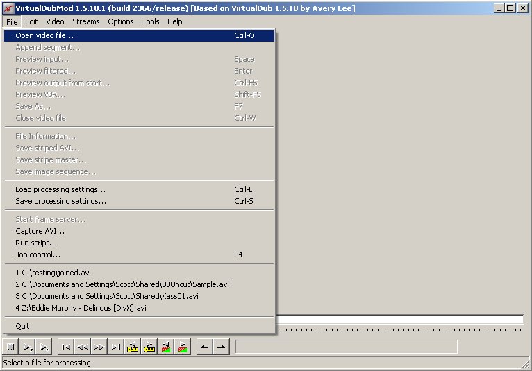 Меню File VirtualDubMod с открытием, сохранением и Job control