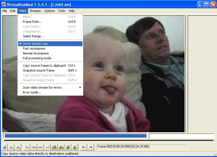 Режим Direct stream copy в меню Video VirtualDubMod