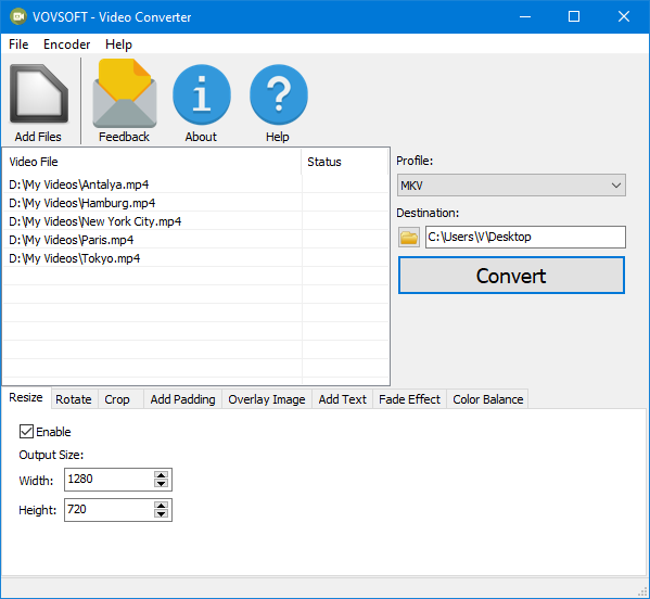 Главное окно Vovsoft Video Converter с очередью файлов, профилем MKV и активной вкладкой Resize 1280×720