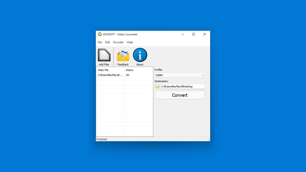 Окно Vovsoft Video Converter с добавленным файлом, профилем и кнопкой Convert
