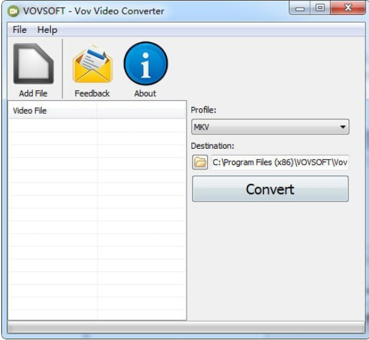 Компактное главное окно Vov Video Converter с профилем MKV и каталогом назначения