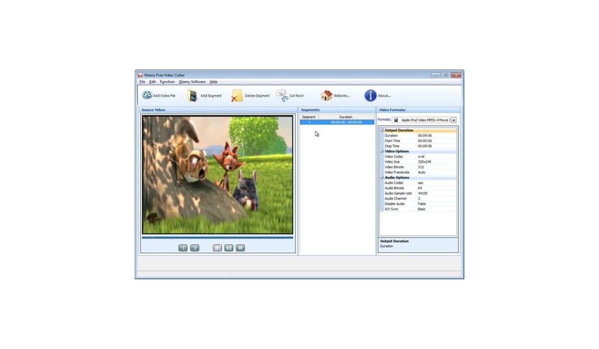 Окно Weeny Free Video Cutter с загруженным роликом и областью предпросмотра