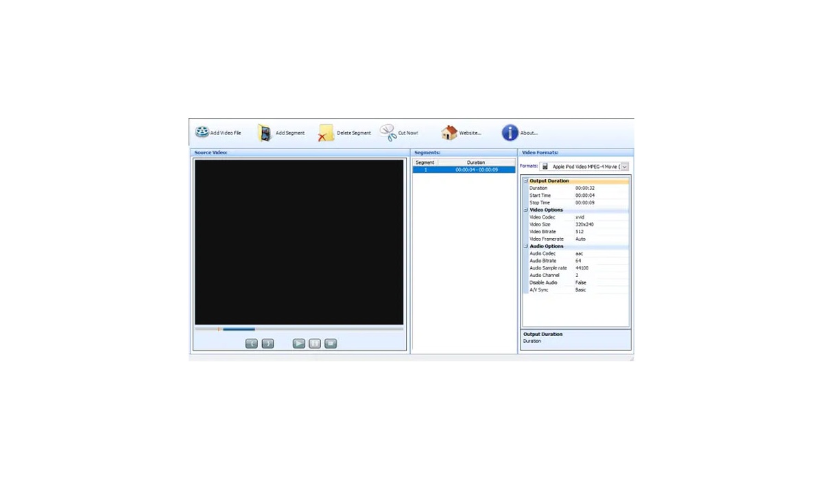 Основные параметры видео и звука в правой панели Weeny Free Video Cutter