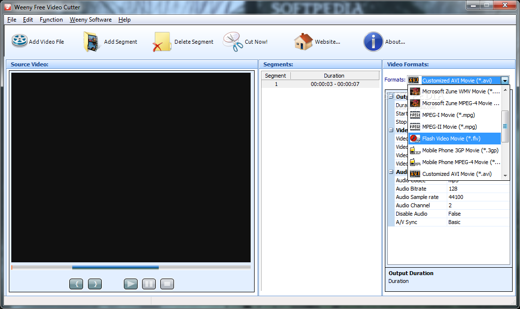 Список форматов и профилей в Weeny Free Video Cutter