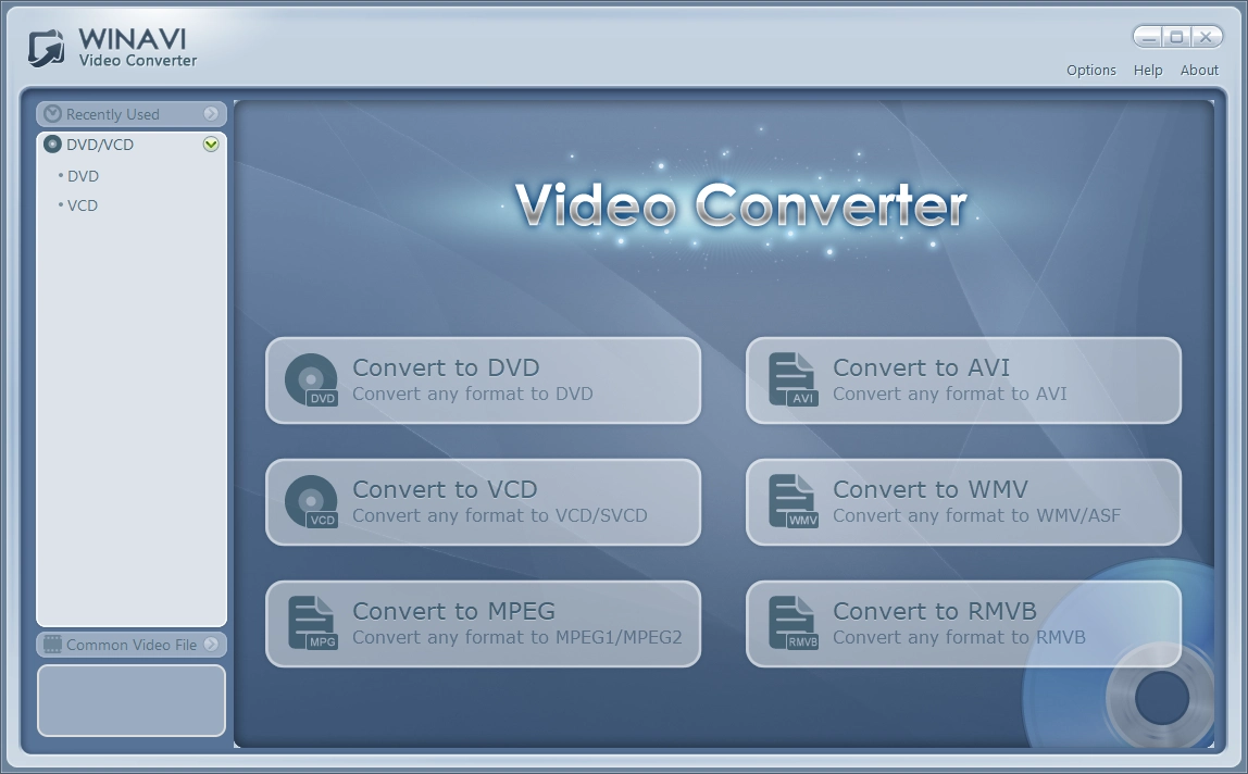 Главное окно WinAVI Video Converter 11.6 с кнопками DVD, AVI, VCD, WMV, MPEG и RMVB