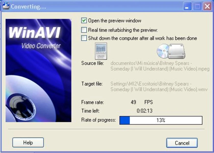 Окно Converting WinAVI Video Converter с прогрессом, preview и автовыключением