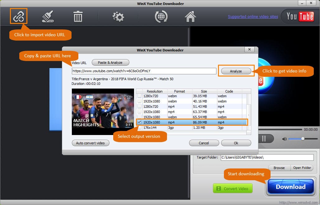 Окно WinX YouTube Downloader с анализом ссылки и выбором качества видео