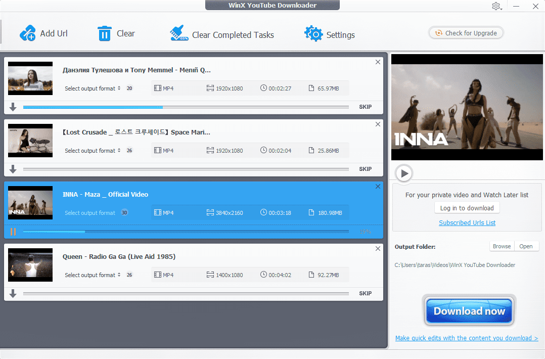 Главное окно WinX YouTube Downloader со списком заданий и параметрами загрузки