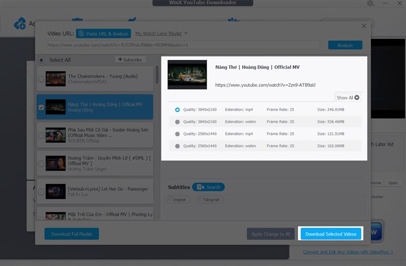 Результаты анализа URL в WinX YouTube Downloader со списком разрешений и форматов