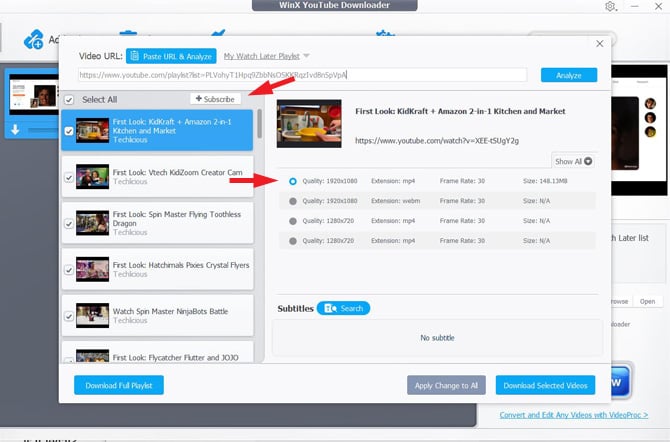 Плейлист в WinX YouTube Downloader с выбором отдельных роликов и качества