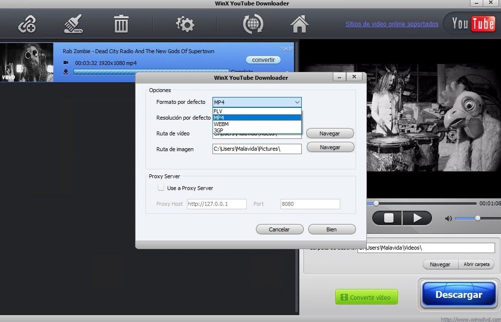 Окно настроек WinX YouTube Downloader с форматом, разрешением, папками и прокси