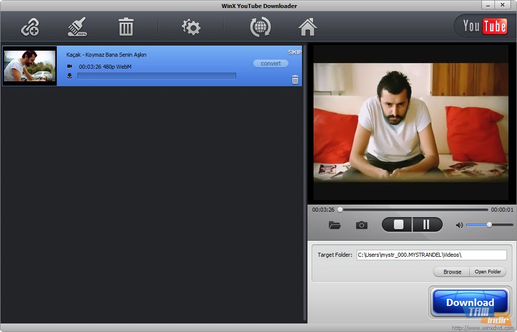 Тёмный интерфейс WinX YouTube Downloader со встроенным проигрывателем