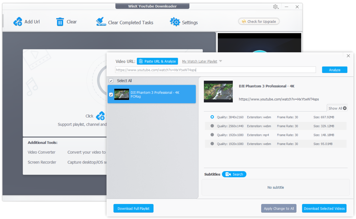 Выбор видео из плейлиста и вариантов качества в WinX YouTube Downloader