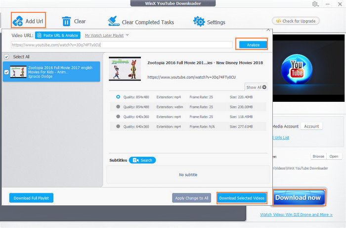 WinX YouTube Downloader с результатами анализа онлайн-видео