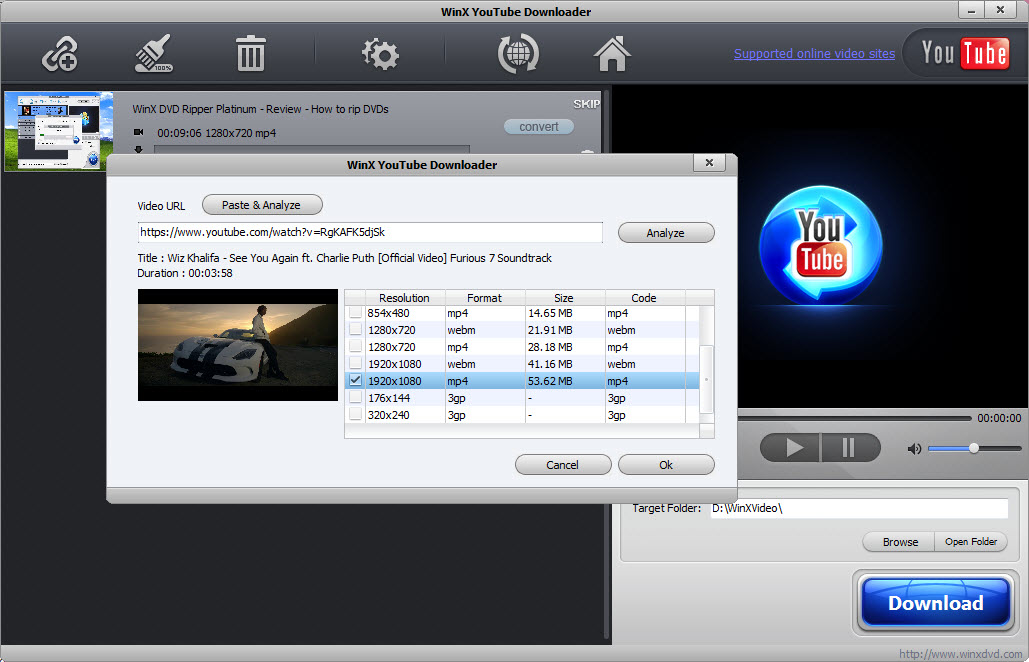 Элементы управления WinX YouTube Downloader и диалог анализа ссылки