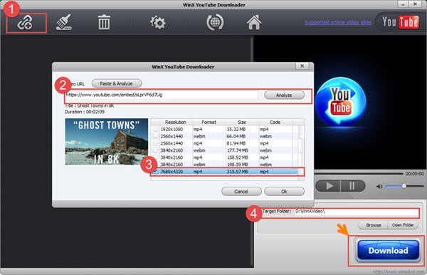 WinX YouTube Downloader со списком вариантов высокого разрешения