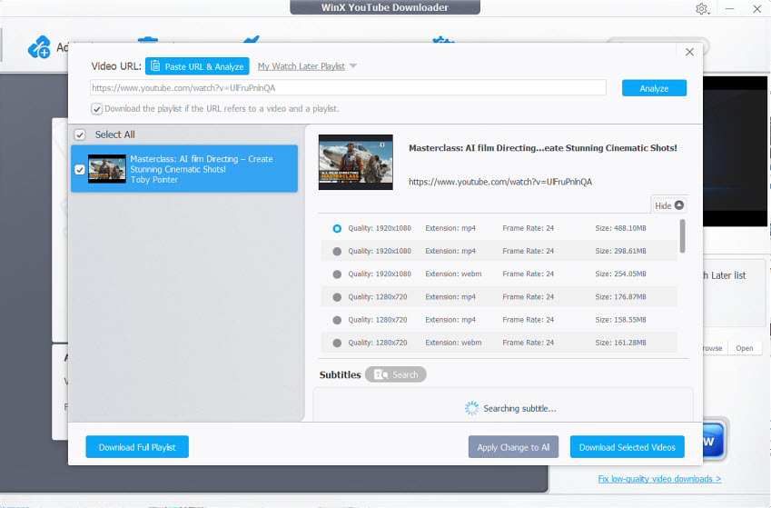 Современное окно анализа WinX YouTube Downloader с плейлистом, качеством и кнопкой загрузки