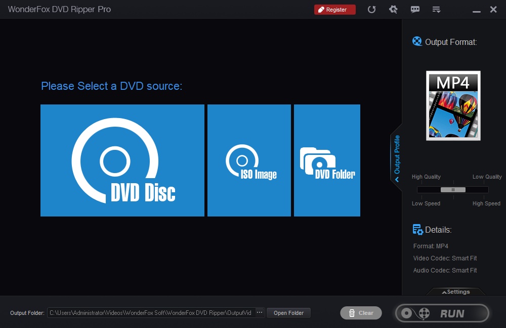 Стартовый экран WonderFox DVD Ripper Pro с выбором DVD Disc, ISO Image и DVD Folder
