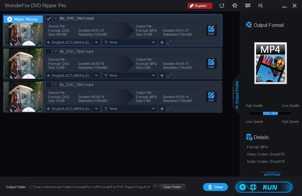 Список титров DVD и выделенный Main Movie в WonderFox DVD Ripper Pro