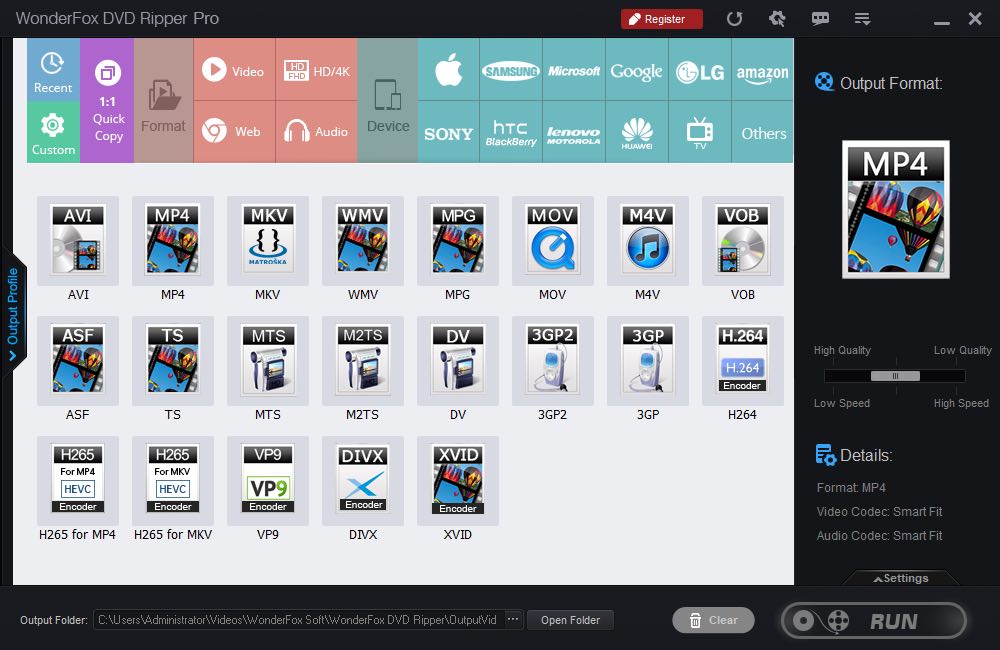 Панель Output Profile с форматами WonderFox DVD Ripper Pro