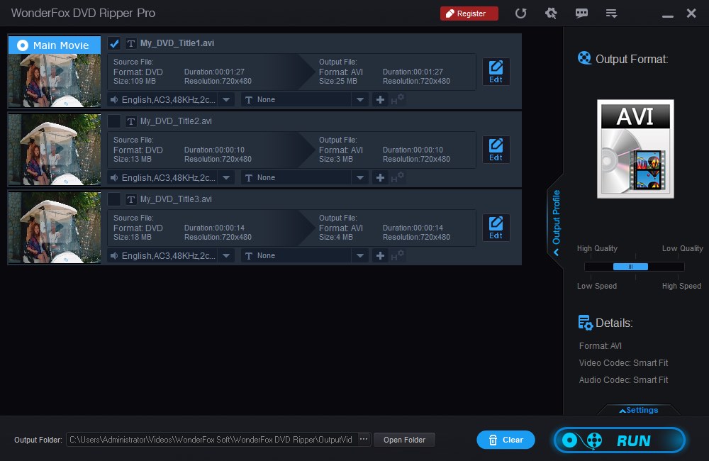 Выбранный профиль AVI и список титров в WonderFox DVD Ripper Pro