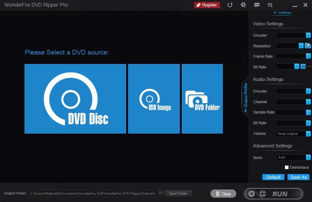 Главный экран WonderFox DVD Ripper Pro с раскрытой панелью настроек