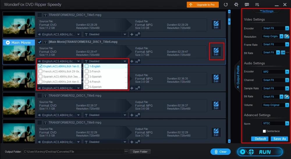 Панель Settings WonderFox DVD Ripper Speedy с параметрами MPG, видео и аудио