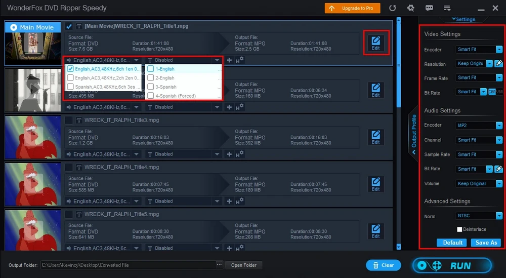 Расширенные настройки WonderFox DVD Ripper Speedy с нормой и деинтерлейсингом