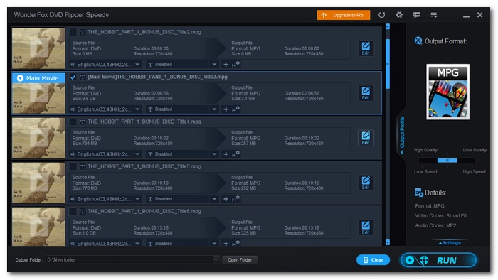 WonderFox DVD Ripper Speedy: несколько DVD titles и выбранный основной фильм