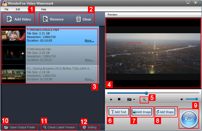 Главное окно WonderFox Video Watermark со списком роликов, предпросмотром и кнопками Add Text, Add Image и Add Shape