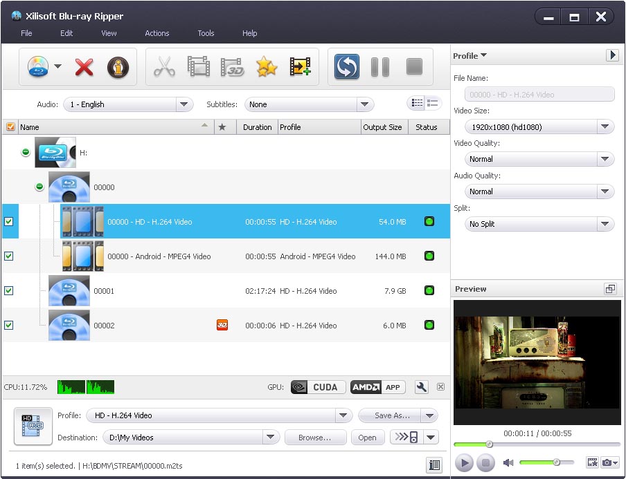 Главное окно Xilisoft Blu-ray Ripper со списком титулов, профилем и окном предварительного просмотра