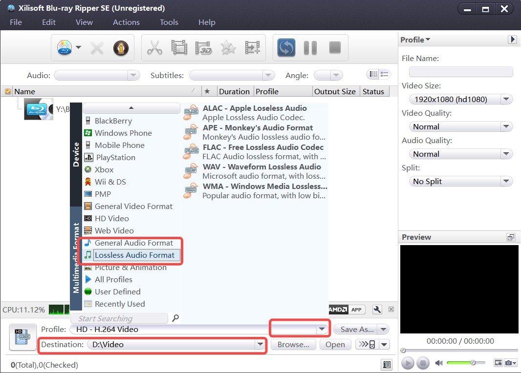 Xilisoft Blu-ray Ripper SE с раскрытым списком профилей аудио и видео