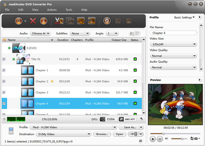 Главное окно mediAvatar DVD Converter Pro со списком титров DVD, профилем и Preview