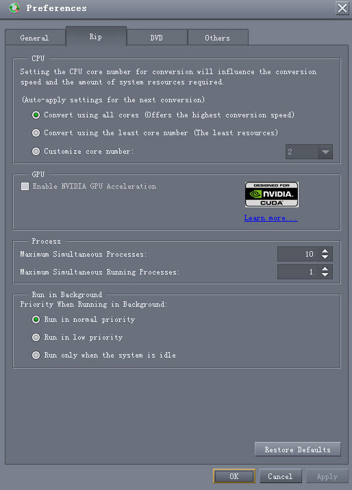 Preferences > Rip в mediAvatar DVD Converter: CPU, NVIDIA GPU, процессы и фоновый приоритет