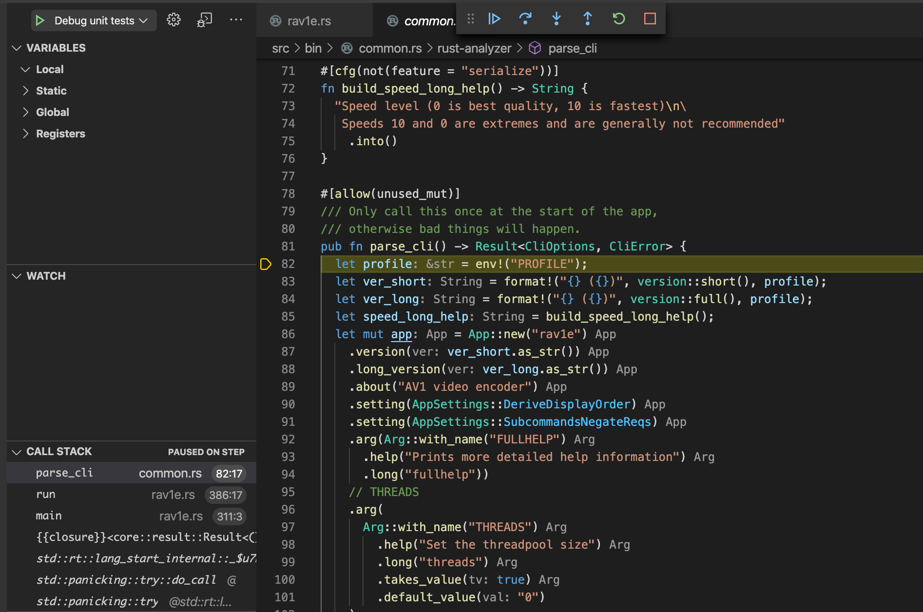 VS Code с конфигурацией отладки исполняемого rav1e