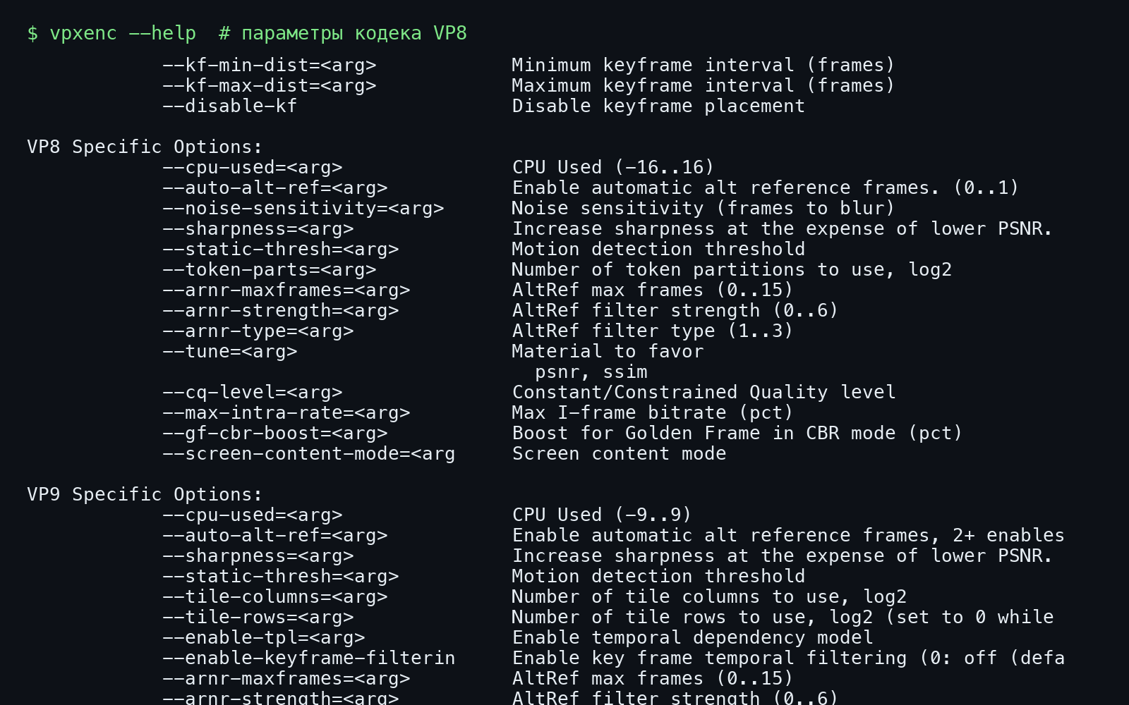 Специальные параметры кодирования VP8 в выводе vpxenc --help