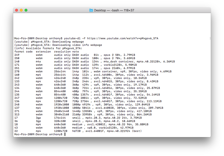 Вывод youtube-dl -F со списком видео- и аудиоформатов в Terminal