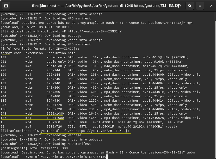 Выбор конкретного формата youtube-dl по коду и начало загрузки в Fedora