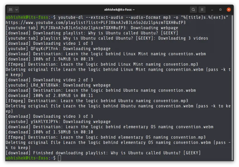Извлечение аудио из плейлиста youtube-dl с конвертацией в MP3 через FFmpeg