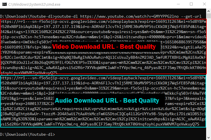 youtube-dl --get-url выводит прямые ссылки на видеопоток и аудиопоток