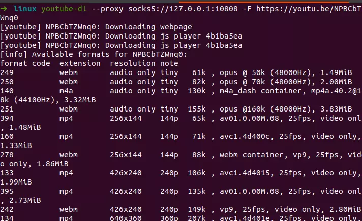 youtube-dl работает через SOCKS5-прокси и выводит доступные форматы