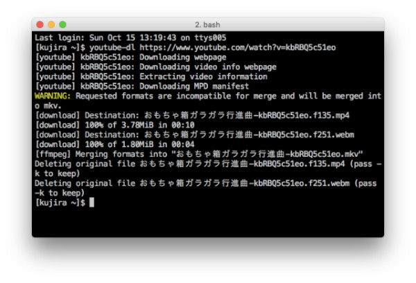 Журнал youtube-dl в Terminal: загрузка двух потоков, слияние и удаление временных файлов